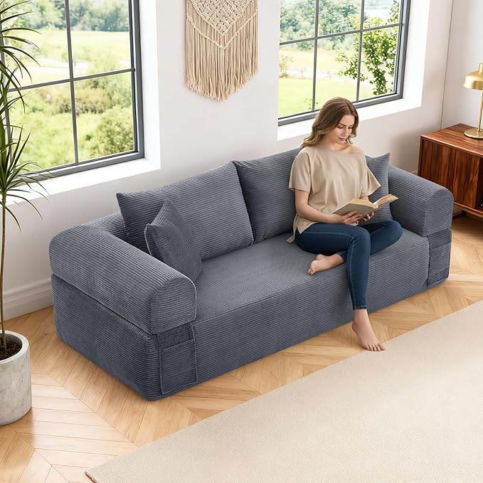 GJQ 83" Boneless Couches for Living Room,Corduroy 3 Seater Couch in a Box with 4 Pillows & Storage Pocket,Convertible Sleeper Sofa Bed Compressed Floor Sofa,Deep Gray