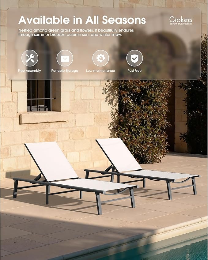 Ciokea Aluminum Outdoor Lounge Chair Set of 4- No Assembly Needed, Foldable Patio Chaise Lounge with 5 Adjustable Positions, Reinforced Frame for Extra Durability, Pool Beach Lounge Chair,White