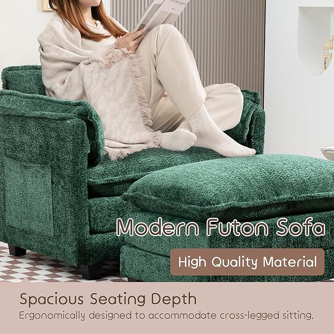 KEIKI Boucle Accent Chair with Storage & Ottoman, Oversized Reading Arm Chair w/Double Cushion, Modern Side Deep Seating Chairs Set, Corner Comfy Lounge Armchair for Living Room, Bedroom, Dark Green