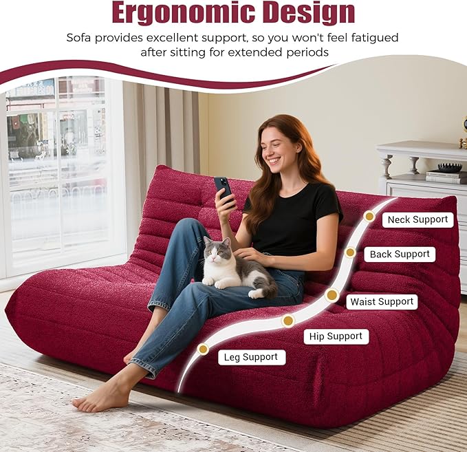 Selyteramy 3 Seat Oversized Bean Bag Chairs for Adults, Memory Foam Fireside Beanbag Couch, Comfy Bean Bag Lounger Lazy Sofa for Living Room, Bedroom, Playroom, Red