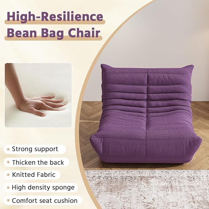 Bean Bag Chair, Fireside Chair, Large Bean Bag Chair for Adults, Bean Bag Chairs for Teens with High-Resilience Foam, Non-Slip Base Floor Lounge Sofa,Living Room (Purple, Single)