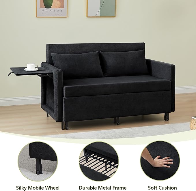 QHITTY Pull Out Couch Bed, 2-in-1 Sleeper Sofa Small Loveseat Bed with Hidden Side Table and Iron Frame for Living Room, Small Space, Apartment (Black)