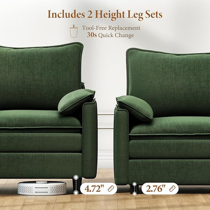 Vesgantti 108" Modular Sectional Sofa, Comfy Cloud Couch with Movable Ottoman Deep Seat Chenille L Shaped Modular Sofa, Sectional Couches for Living Room, Bedroom and Apartment, Green