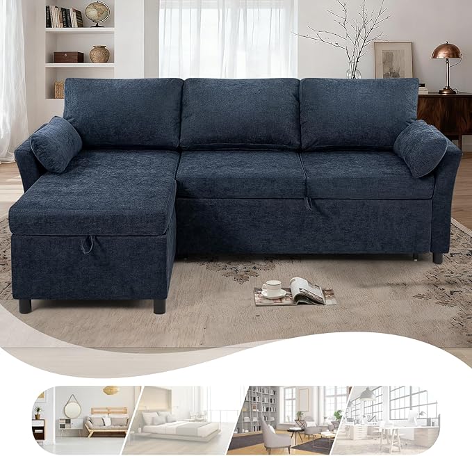 ACMEASE 83 Inches Fabric Sectional Sofa with Pull Out Sofa Bed, Modern L Shaped Sofa with Throw Pillows, Comfortable Sleeper Couch with Storage Chaise for Living Room, Blue
