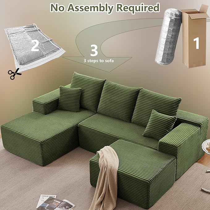 Lakifun 107" L-Shape Sofa with Ottoman, Modern Modular Sectional Comfy U-Shape Cloud Couch, Deep Seat, Upholstered Corduroy Sleeper Chaise Longue for Living Room Bedroom, No Assembly Required, Green