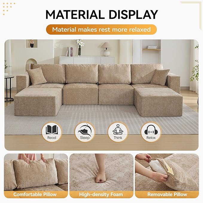 146'' Oversized Boneless Sofa, 4 Seater Modular Sectional Couch with 2 Movealbe Ottoman, U Shaped Chenille Convertible Sleeper Sofa with Chaise for Living Room, Camel