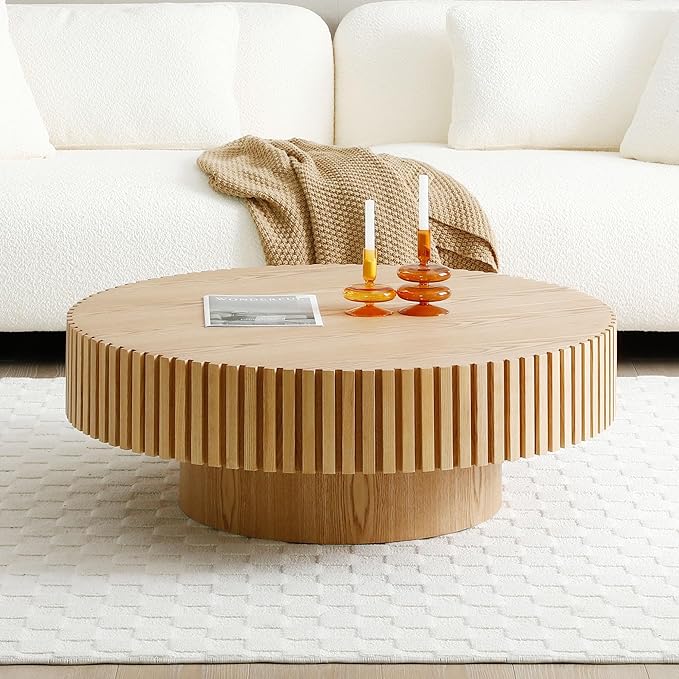 39.37'' Original Wood Color Round Coffee Table for Apartment, Modern Living Room Coffee Table with Sturdy Pedestal,Easy Assembly