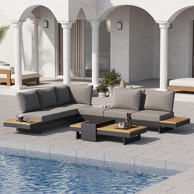 homary Outdoor Conversation Sets, 6 Piece Aluminum & Teak Patio Sectional Sofa Set with Adjustable Backrests, Waterproof Cushions, Ideal for Patios & Balconies | Waterproof Cushions, Adjustable Backrests, Fade Resistant, Modular design, Outdoor Materials