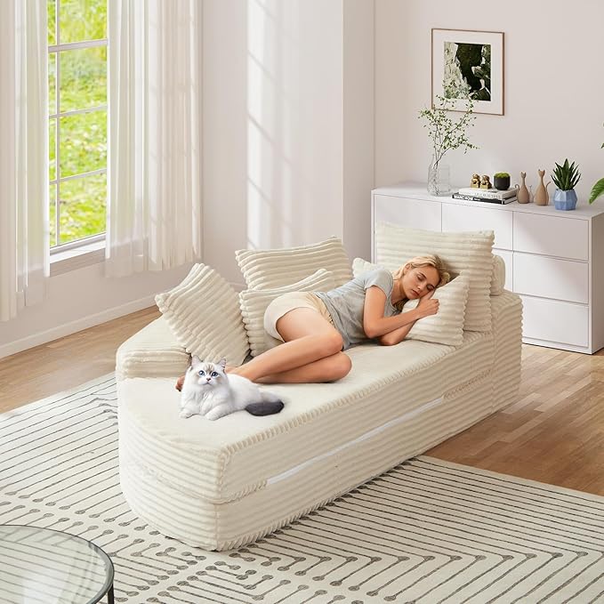 Antetek Chaise Lounge Chair Indoor, Convertible Folding Futon Sofa Bed w/ 5 Pillows, Fluffy Corduroy Boneless Compressed Memory Foam Couch for Living Room, Bedroom (Beige, Left Half)