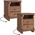 Farmhouse Nightstand Set of 2 with Charging Station, 18" Rustic Night Stand with 2 Storage Drawers, Wood End Table for Bedroom, Living Room, Reclaimed Barnwood