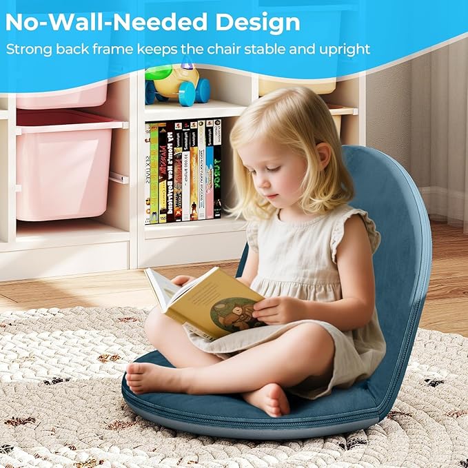 2Pcs Floor Chair, 5-Position Foldable Floor Chair for Kids with Adjustable Back, Soft Sponge & Velvetean Cover, for Adults and Kids, Indoor Outdoor Use, Meditation, Gaming, Camping(Blue)