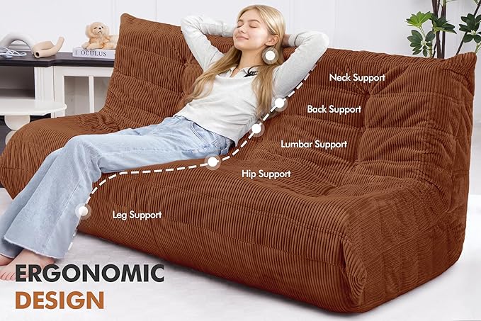 Bean Bag Chair,Giant Beanbag Chairs for Adults,Comfy Large Fireside Chair Lazy Sofa,Corduroy Bean Bag Lounger with Memory Foam Filled,Floor Sofa Couch for Home,Living Room (Brown, 3-Seater)