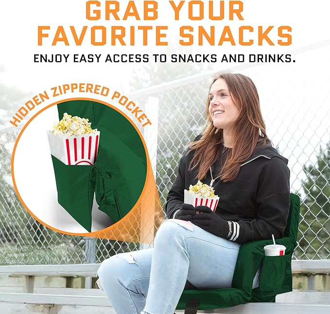 Heated Stadium Seats for Bleachers with Back Support – USB Battery Included - Upgraded 3 Levels of Heat - Foldable Chair - 4 Pockets for Snacks, Cup Holder - for Camping, Games & Sports (Hunter Green)