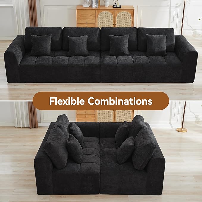 140''Modular Sectional Couches for Living Room, Cloud Boneless Compressed Sectional Sofa, Oversized 4 Seater Upholstered Memory Foam Sofa, No Assembly, Chenille Black