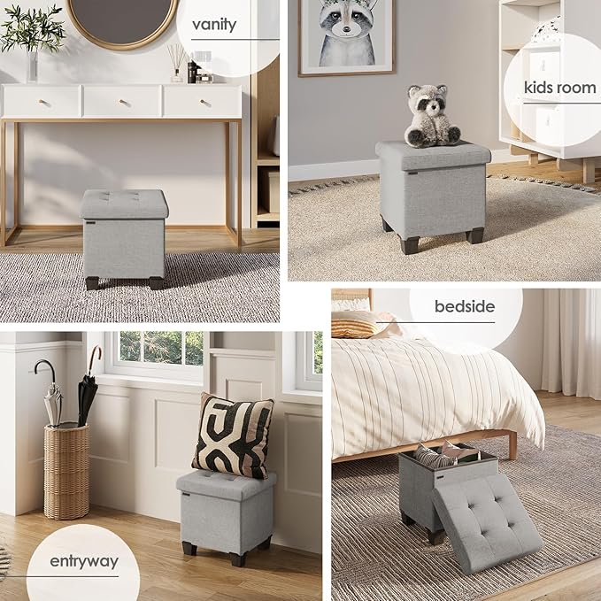 Storage Ottoman Cube with Small Bin, 16-in Square Ottoman with Storage for Living Room and Bedroom, Small Ottomans Foot Rest, Fabric Foot Stools Ottomans Max 330lbs, Light Grey