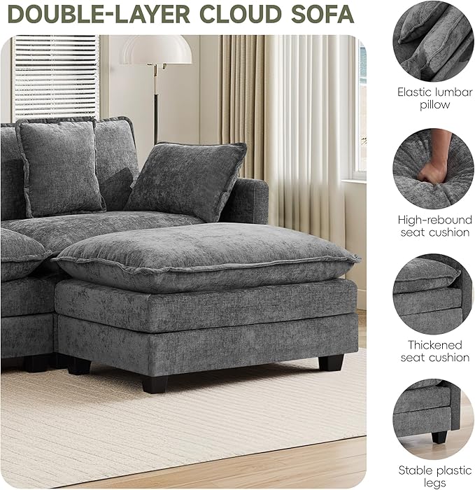 UMBFUN Cloud Couch Loveseat with Ottoman, Oversized Comfy Modular Sectional L Shaped Sofa with Deep Seat Cushions, Chenille 2-Seater Lounge Set for Living Room, Grey