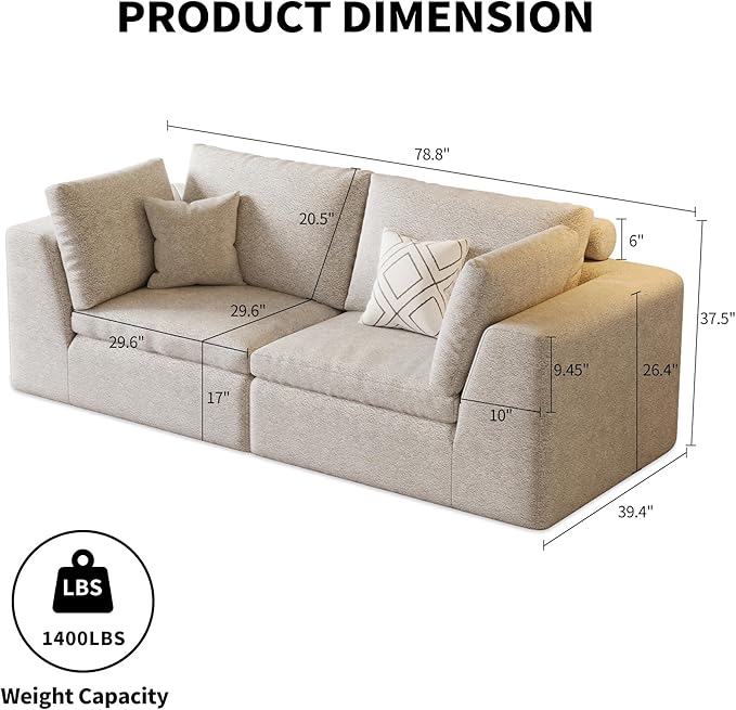 OTSLTSOO Cloud Couch Loveseat, 79" Boneless Deep Seat Sofa, 2-Seater Modular Ergonomic Couch for Living Room, Memory Foam Comfy Sofa No Assembly Required (Beige)
