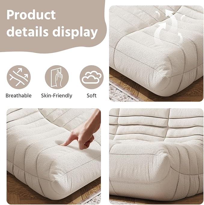 Bean Bag Chair, Fireside Chair, Large Bean Bag Chair for Adults, Bean Bag Chairs for Teens with High-Resilience Foam, Non-Slip Base Floor Lounge Sofa,Living Room (White, 3-Seater)