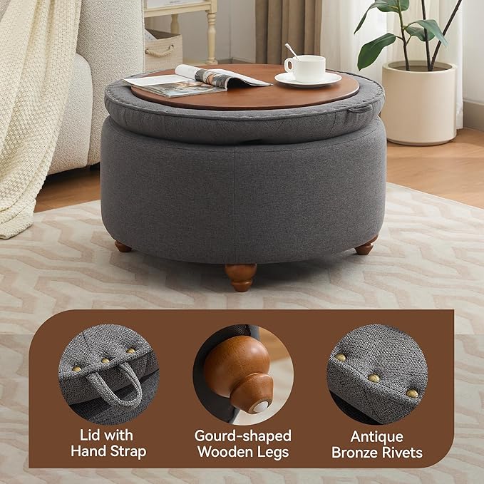 WUTUTUEE 30Inch Round Storage Ottoman with Tray, Modern Tufted Fabric Circle Coffee Table with Storage, Upholstered Ottoman with Removable Top for Living Room, Bedroom, Dark Grey