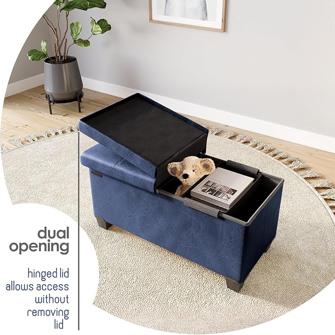 Storage Ottoman Bench with Bins, 30-in Storage Bench for Bedroom End of Bed, Folding Foot Rest Ottoman for Living Room Max 660lbs, Faux Leather Ottomans, Blue