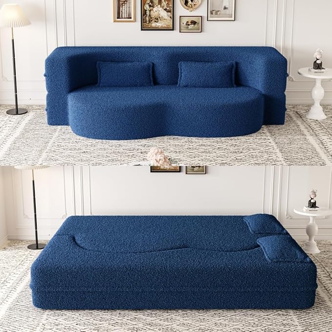 Modern Floor Sofa with 2 Pillows, Convertible Teddy Fabric Foam-Filled Sleeper Sofa Bed for Living Room, Guest Bed, Playroom, No Assembly Required, Blue