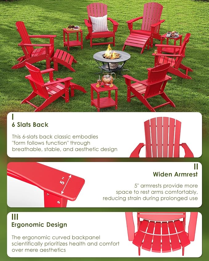 GREENVINES Adirondack Chairs Set of 4 | HDPE Plastic | Oversized Fire Pit Chair | All Weather | Red | Poly Lumber | for Outdoor Deck Backyard Patio Garden