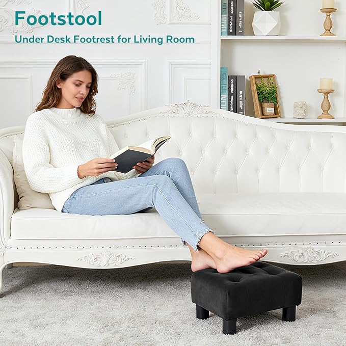 FIMIVIBI Small Foot Stool Ottoman, Velvet Footstool Ottoman Foot Rest for Couch, Rectangle Footstools and Ottomans Small for Living Room, Entryway and Bedroom (Black)