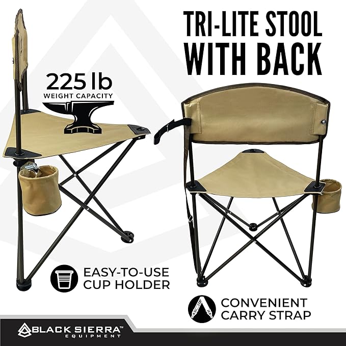 Black Sierra XL Trip-Lite Hunting Stool w/Backrest, Lightweight Portable Fishing Chair w/Cupholder and Carry Strap, Supports 225 Lbs, Portable Outdoor Chair for Hunting, Camping, Travel, Hiking