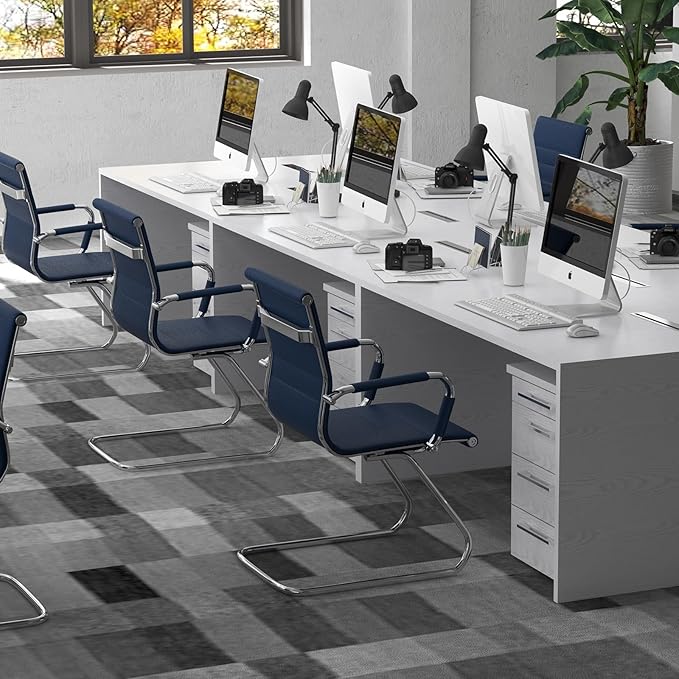 DM Furniture Reception Chairs Leather Conference Guest Chair Heavy Duty Back Support Office Chair, Set of 2 (Navy)