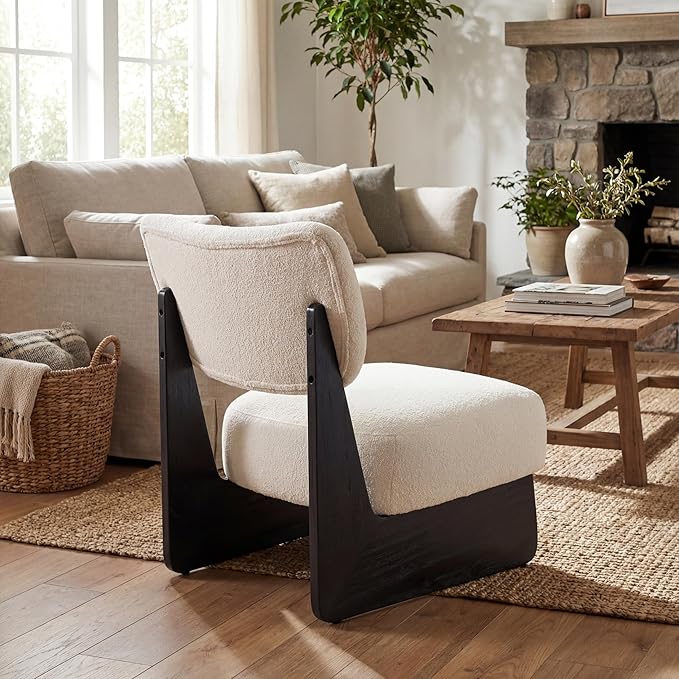 Beige Furry Living Room Chairs Set of 2, Cozy Upholstered Armless Accent Chair for Bedroom, Black Wood Frame, Vintage Modern Lounge Reading Chair for Apartment Waiting Room Office, Beige