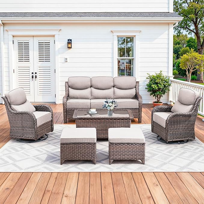 Pugire Luxury High Back Patio Furniture Set with 6-Inch Thick Cushions, 6-Pieces Outdoor Furniture with Swivel Chairs, Wicker Conversation Set for Porch, Balcony, Deck and Yard, Brown/Beige