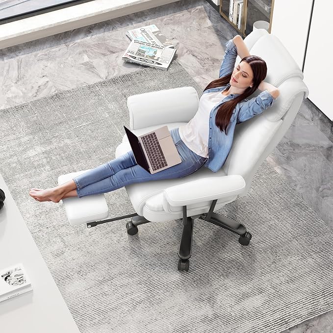 GYI Criss Cross Chair with Wheels, 160°Big and Tall Reclining Office Desk Chair with High Back, Wide Seat, Arms, Footrest, White