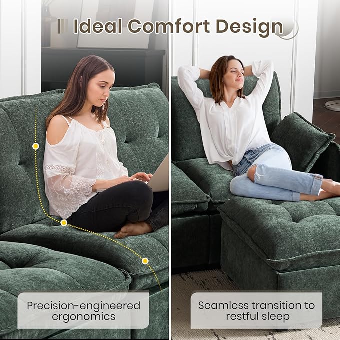 PALLOME 96" Modular L-Shaped Sofa - 3-Seat Cloud Couch with Movable Ottoman, Extra Deep Seat Sofa Couch with Throw Pillows for Living Room & Small Spaces (Green, 3-Seat + Ottoman)