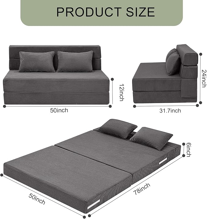 MeMoreCool Boneless Folding Sofa Bed Full, Corduroy Convertible Sleeper Chair, Foldable Foam Mattress Chair, Comfy Fold‑Out Futon Couch Bed, Large Floor Sofa Couch for Living‑Room Guest