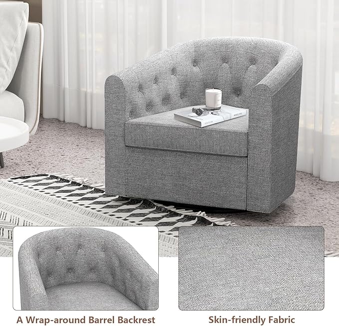 Simore Swivel Accent Chair for Living Room, Comfy Fabric Round Swivel Barrel Chair for Nursery Office Bedroom, Gray