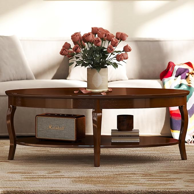 LZAREAL Coffee Table with Storage Oval Solid Wood Coffee Table Antique Farmhosue Living Room Table Rustic Center Table for Living Room Guest Room Reception Room Waiting Room, Brown Walnut Color