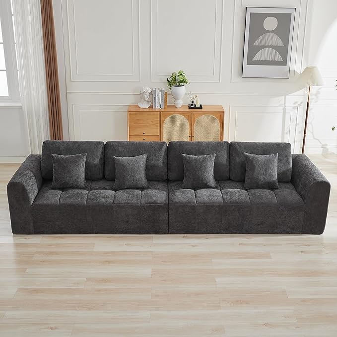 140''Modular Sectional Couches for Living Room, Cloud Boneless Compressed Sectional Sofa, Oversized 4 Seater Upholstered Memory Foam Sofa, No Assembly, Chenille Grey