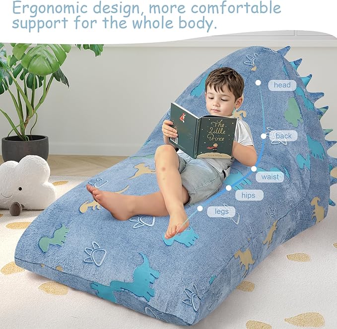 COMAX Dinosaur Bean Bag Chairs for Kids 8-12, Kid Beanbag Chair with Filler, Toddler Lounge Bean Chair, Children Lazy Floor Lounger for Girls Boys, Blue Dino