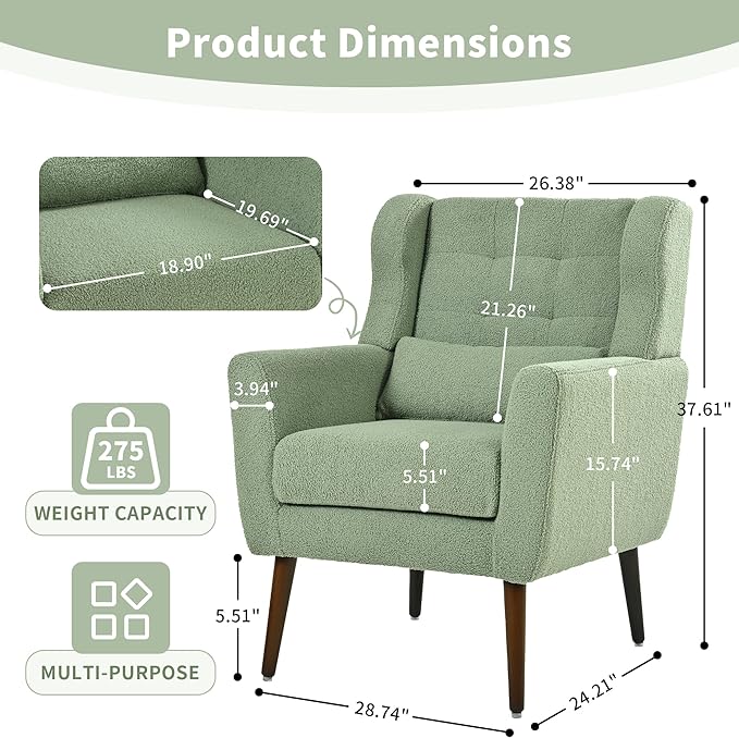 CHSICFOR Modern Accent Chair, Upholstered Arm Chair with Waist Pillow, Single Sofa Chair for Living Room Bedroom Small Spaces (Light Green)