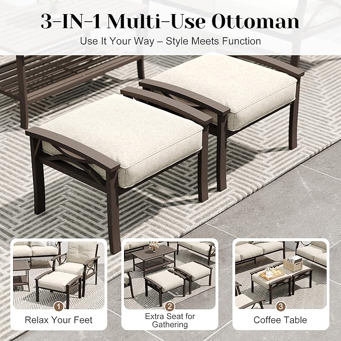 FansaFurn 7-Pieces Outdoor Patio Furniture Set with 43" Fire Pit Table, Outdoor Metal Sectional Sofa with Cushions, Outdoor Conversation Set for Garden, Balcony, Deck, Backyard, Khaki