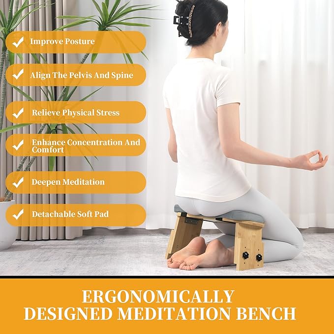 BALAPET Adjustable Height Meditation Bench, Portable Folding Meditation Chair with Velvet Cushion, Ergonomic Meditation Kneeling Stool for Yoga, Mindfulness&Zen Practice(Gray)