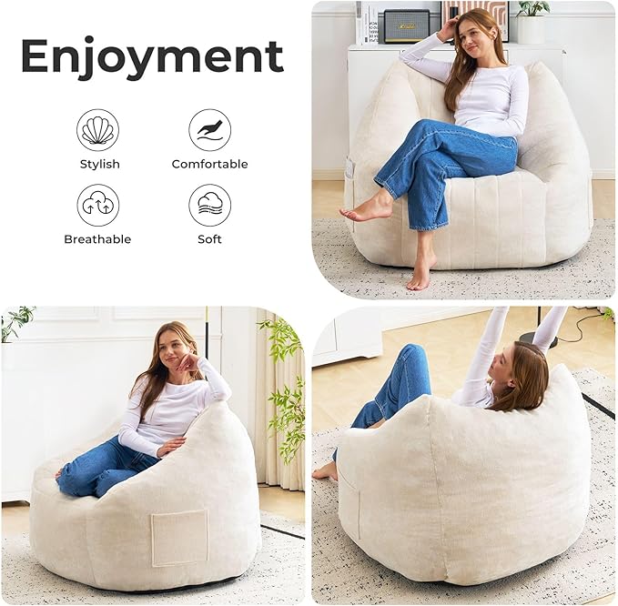 Giant Bean Bag Chair for Adults,Oversized Bean Bag with Filling Plush Fluffy,BeanBag Floor Sofa Chair with with Back Support for Living Room, Bedroom, Reading, Lvory