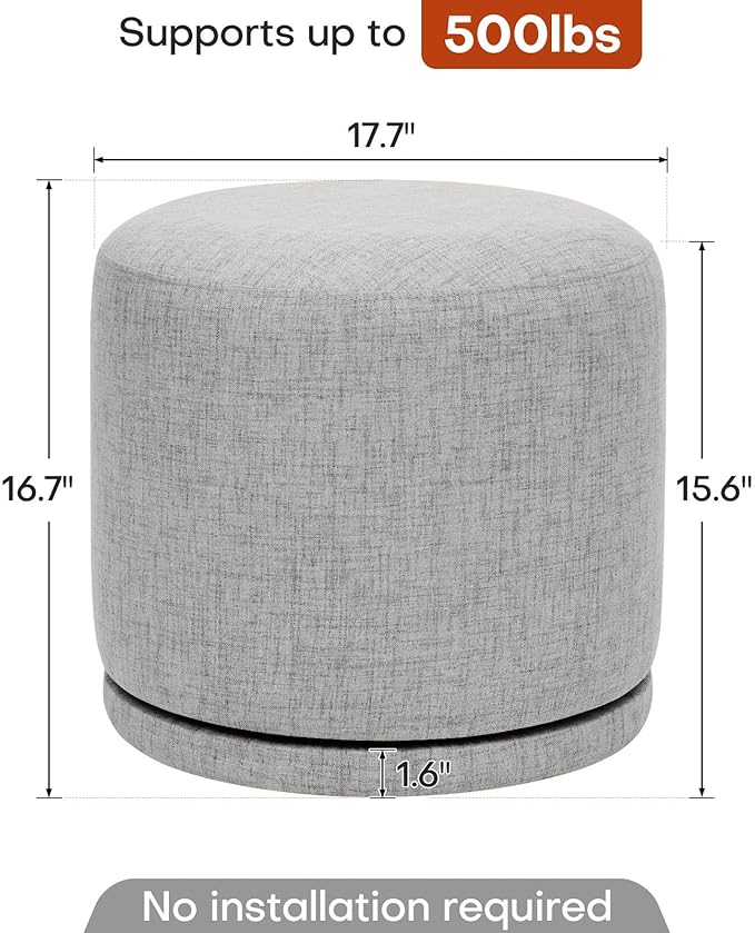 Round Pouf Ottoman & Swivel Foot Rest,Linen Vanity Stool-Upholstered Floor Chair,Footstool with Sturdy Acacia Wood Frame(500lbs),Small Coffee Table Ottoman for Living Room,Bedroom