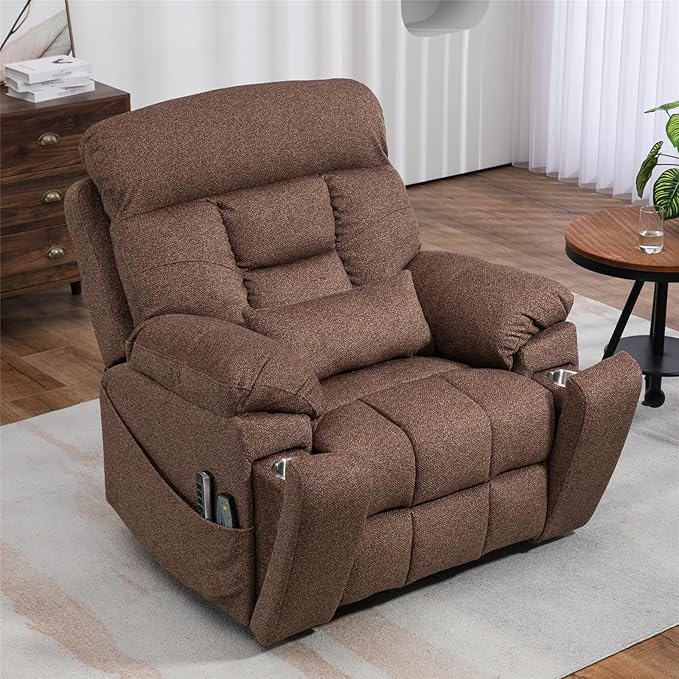 Oversized Lay Flat Power Lift Recliner Chair, 400lbs, 25.5in Extra Wide, 4-Motor, Heat and Massage, Hidden Cup Holder, Sleeping, Big Man, Elderly (Dark Brown)