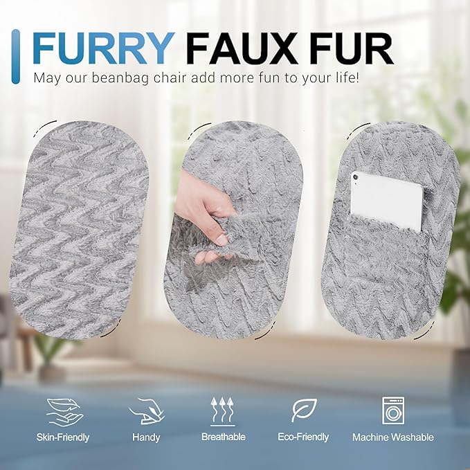 6FT Bean Bag Chair,Giant Bean Bag Chairs for Adults,Big Bean Bags with Memory Foam Filled, Large Beanbag Chairs with Chevron Plush Cover-Light Grey