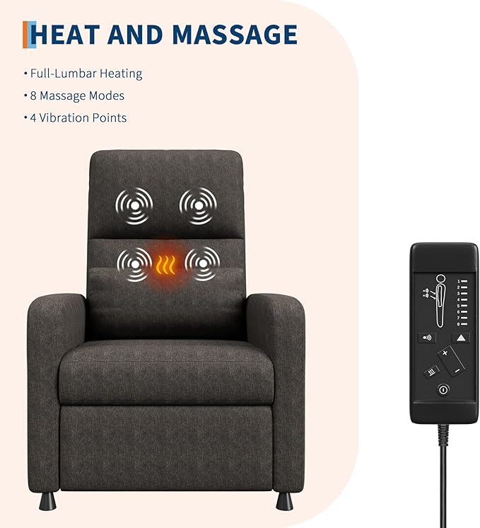 GarveeHome Power Recliner Chair with Massage and Heat, Adjustable Electric Recliner Ergonomic Overstuffed Tall Back, Padded Seat, 2 Side Pockets and USB Port, Home Theater Seating for Living Room