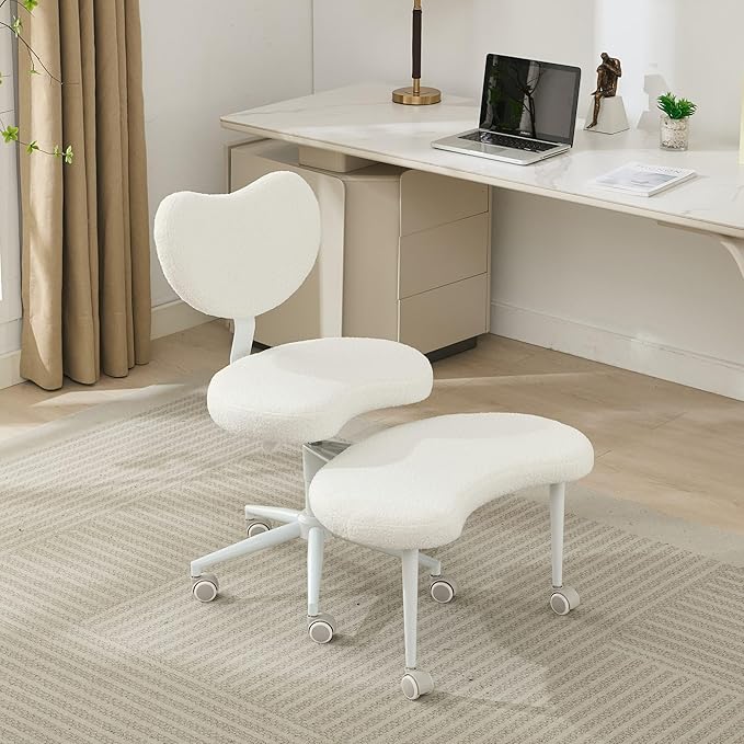 Meditation Chair with Lumbar Support,360° Swivel Cross Legged Chair with Wheels, Ergonomic Cross Legged Office Chair for Adults with ADHD, Height-Adjustable Yoga Chair, Teddy Fabric, Ivory