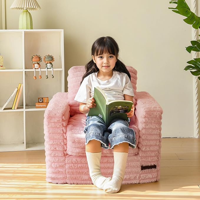 MAXYOYO Kids Bean Bag Chair, Comfy Faux Fur Bean Bag Sofa with Filler, Upholstered Floor Sofa with Pillows and Armrests, Lazy Floor Chair Couch for Boys and Girls, Pink