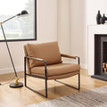 Zouron Genuine Leather Accent Chair, Mid Century Modern Chair with Black Metal Frame, Single Sofa Chair, Upholstered Lounge Reading Armchair for Living Room Bedroom, Khaki
