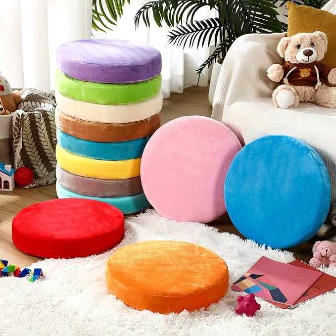 GlikCeil 12 Pcs Round Floor Pillow Cushions for Kids Classroom 15'' Soft Flexible Seating Chair Floor Seats for Reading Corner Playroom - Winter & Spring School Supplies (Color Carnival Series)